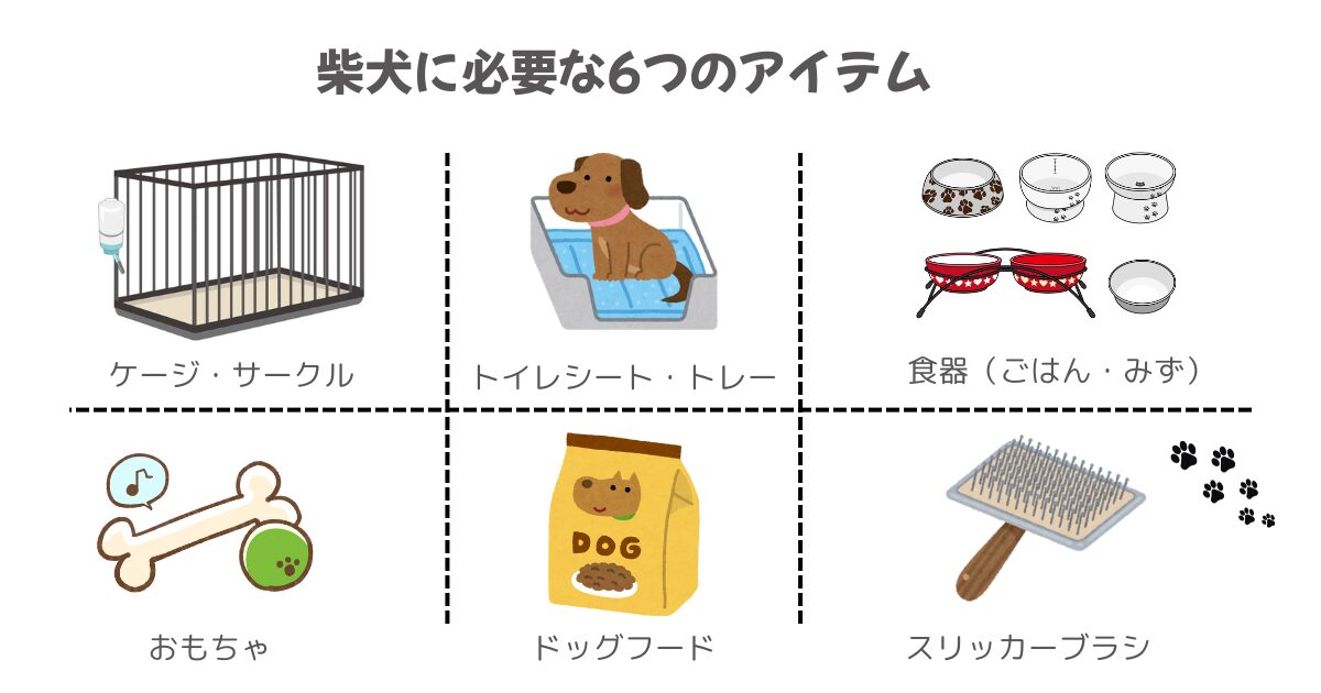 柴犬を飼うときに必要な6つのアイテム（ケージ、トイレシート、フードボウル、おもちゃ、ドッグフード）